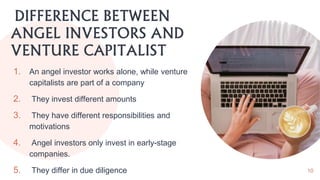 DIFFERENCE BETWEEN
ANGEL INVESTORS AND
VENTURE CAPITALIST
1. An angel investor works alone, while venture
capitalists are part of a company
2. They invest different amounts
3. They have different responsibilities and
motivations
4. Angel investors only invest in early-stage
companies.
5. They differ in due diligence 10
 