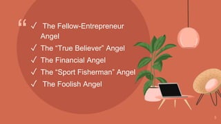“
5
✓ The Fellow-Entrepreneur
Angel
✓ The “True Believer” Angel
✓ The Financial Angel
✓ The “Sport Fisherman” Angel
✓ The Foolish Angel
 