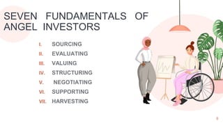 I. SOURCING
II. EVALUATING
III. VALUING
IV. STRUCTURING
V. NEGOTIATING
VI. SUPPORTING
VII. HARVESTING
SEVEN FUNDAMENTALS OF
ANGEL INVESTORS
8
 