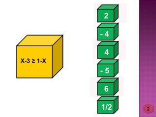 2 
- 4 
4 
- 5 
6 
1/2 
X-3 ≥ 1-X 
22 
 