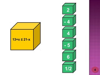 2 
- 4 
4 
- 5 
6 
1/2 
13+x ≤ 21-x 
44 
 