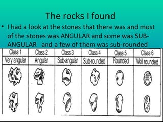 The rocks I found  I had a look at the stones that there was and most of the stones was ANGULAR and some was SUB-ANGULAR  and a few of them was sub-rounded  