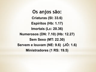 Criaturas (Sl: 33.6)
Espíritos (Hb: 1.17)
Imortais (Lc: 20.36)
Numerosos (DN: 7.10) (Hb: 12.27)
Sem Sexo (MT: 22.30)
Servem e louvam (NE: 9.6) (JÓ: 1.6)
Ministradores (1 RS: 19.5)
 