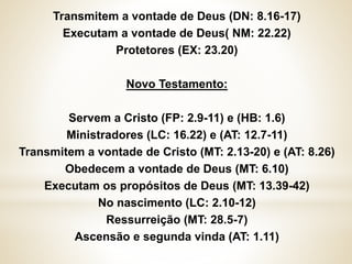 Transmitem a vontade de Deus (DN: 8.16-17)
Executam a vontade de Deus( NM: 22.22)
Protetores (EX: 23.20)
Novo Testamento:
Servem a Cristo (FP: 2.9-11) e (HB: 1.6)
Ministradores (LC: 16.22) e (AT: 12.7-11)
Transmitem a vontade de Cristo (MT: 2.13-20) e (AT: 8.26)
Obedecem a vontade de Deus (MT: 6.10)
Executam os propósitos de Deus (MT: 13.39-42)
No nascimento (LC: 2.10-12)
Ressurreição (MT: 28.5-7)
Ascensão e segunda vinda (AT: 1.11)
 