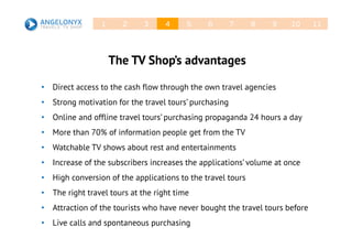 21 3 4 5 6 7 8 9 10 11
• Direct access to the cash flow through the own travel agencies
• Strong motivation for the travel tours’ purchasing
• Online and offline travel tours’ purchasing propaganda 24 hours a day
• More than 70% of information people get from the TV
• Watchable TV shows about rest and entertainments
• Increase of the subscribers increases the applications’ volume at once
• High conversion of the applications to the travel tours
• The right travel tours at the right time
• Attraction of the tourists who have never bought the travel tours before
• Live calls and spontaneous purchasing
The TV Shop’s advantages
 