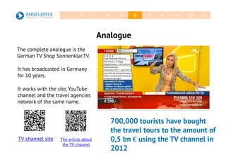 The complete analogue is the
German TV Shop Sonnenklar.TV.
700,000 tourists have bought
the travel tours to the amount of
0,5 bn € using the TV channel in
2012
Аналог21 3 4 5 6 7 8 9 10 11
Analogue
It works with the site, YouTube
channel and the travel agencies
network of the same name.
It has broadcasted in Germany
for 10 years.
The article about
the TV channel
TV channel site
 