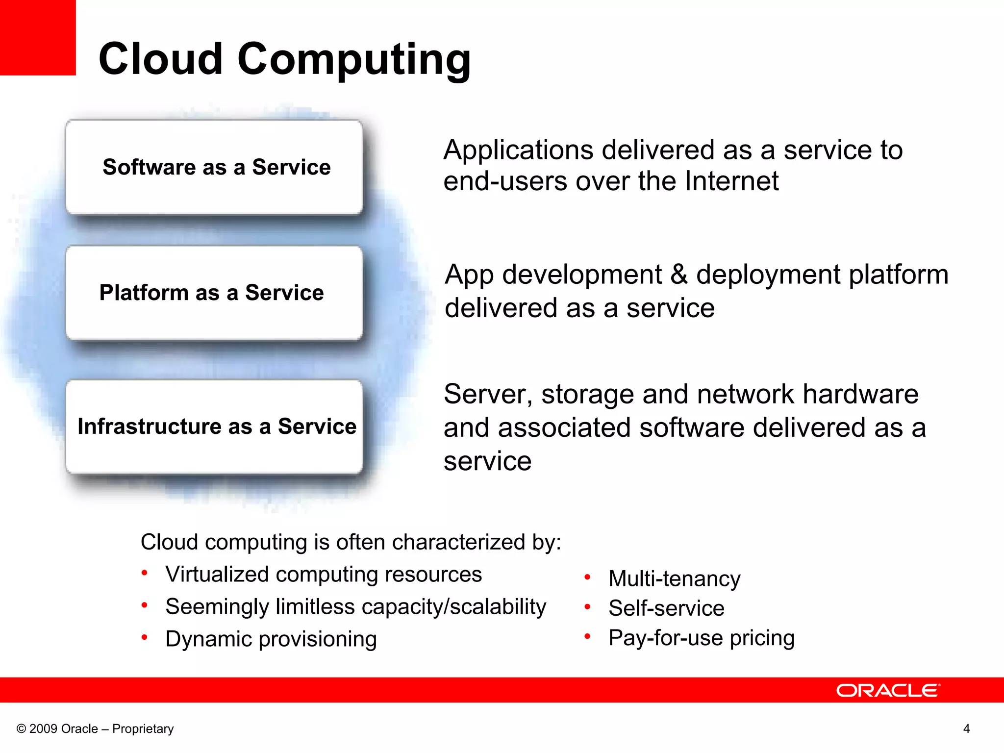 Cloud Computing Applications delivered as a service to end-users over the Internet © 2009 Oracle – Proprietary Infrastructure as a Service Platform as a Service Software as a Service App development & deployment platform delivered as a service Server, storage and network hardware and associated software delivered as a service Cloud computing is often characterized by: Virtualized computing resources Seemingly limitless capacity/scalability Dynamic provisioning Multi-tenancy Self-service Pay-for-use pricing 