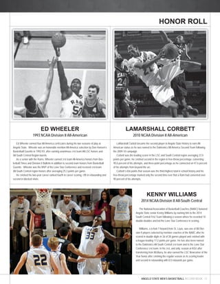 HONOR ROLL 
ANGELO STATE MEN’S BASKETBALL RECORD BOOK 17 
ED WHEELER 
1993 NCAA Division II All-American 
Ed Wheeler earned four All-America certifi cates during his two seasons of play at 
Angelo State. Wheeler was an honorable mention All-America selection by Don Hansen’s 
Basketball Gazette in 1992-93, after earning unanimous fi rst team All-LSC honors and 
All-South Central Region laurels. 
As a senior with the Rams, Wheeler earned fi rst team All-America honors from Bas-ketball 
Times and Division II Bulletin in addition to second team honors from Basketball 
Gazette. Wheeler was the MVP of the Lone Star Conference and received fi rst-team 
All-South Central region honors after averaging 25.3 points per game. 
He fi nished his two-year career ranked fourth in career scoring, fi fth in rebounding and 
second in blocked shots. 
LAMARSHALL CORBETT 
2010 NCAA Division II All-American 
LaMarshall Corbett became the second player in Angelo State history to earn All- 
American status as he was named to the Daktronics All-America Second Team following 
the 2009-10 campaign. 
Corbett was the leading scorer in the LSC and South Central region averaging 23.4 
points per game. He fi nished second in the region in free-throw percentage, converting 
90.6 percent of his attempts, and three-point percentage as he connected on 47.6 percent 
of his attempts from beyond the arc. 
Corbett’s 656 points that season was the third-highest total in school history and his 
free-throw percentage marked only the second time ever that a Ram had converted over 
90 percent of his attempts. 
KENNY WILLIAMS 
2014 NCAA Division II All-South Central 
The National Association of Basketball Coaches (NABC) honored 
Angelo State senior Kenny Williams by naming him to the 2014 
South Central First Team following a season where he recorded 10 
double-doubles and led the Lone Star Conference in scoring. 
Williams, a 6-foot-7 forward from St. Louis, was one of 88 Divi-sion 
II players selected by member coaches of the NABC after he 
scored in double digits in 26 of 28 games played and fi nished with 
a league-leading 17.2 points per game. He has also been named 
to the Daktronics All-South Central fi rst team and to the Lone Star 
Conference fi rst team. In his fi rst, and only, season at ASU after 
transferring from McMurry, he also earned the LSC Newcomer of the 
Year honor after fi nishing the regular season as its scoring leader 
and second in rebounding with 8.0 rebounds per game. 
