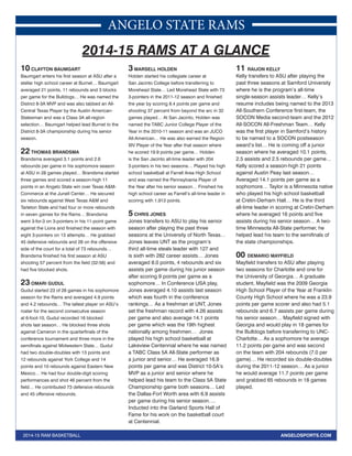 ANGELO STATE RAMS 
2014-15 RAMS AT A GLANCE 
10 CLAYTON BAUMGART 
Baumgart enters his first season at ASU after a 
stellar high school career at Burnet… Baumgart 
averaged 21 points, 11 rebounds and 3 blocks 
per game for the Bulldogs… He was named the 
District 8-3A MVP and was also tabbed an All- 
Central Texas Player by the Austin American- 
Statesman and was a Class 3A all-region 
selection… Baumgart helped lead Burnet to the 
District 8-3A championship during his senior 
season. 
22 THOMAS BRANDSMA 
Brandsma averaged 3.1 points and 2.6 
rebounds per game in his sophomore season 
at ASU in 28 games played… Brandsma started 
three games and scored a season-high 11 
points in an Angelo State win over Texas A&M-Commerce 
at the Junell Center… He secured 
six rebounds against West Texas A&M and 
Tarleton State and had four or more rebounds 
in seven games for the Rams… Brandsma 
went 3-for-3 on 3-pointers in his 11-point game 
against the Lions and finished the season with 
eight 3-pointers on 13 attempts… He grabbed 
45 defensive rebounds and 28 on the offensive 
side of the court for a total of 73 rebounds… 
Brandsma finished his first season at ASU 
shooting 57 percent from the field (32-56) and 
had five blocked shots. 
23 OMARI GUDUL 
Gudul started 23 of 28 games in his sophomore 
season for the Rams and averaged 4.9 points 
and 4.2 rebounds… The tallest player on ASU’s 
roster for the second consecutive season 
at 6-foot-10, Gudul recorded 16 blocked 
shots last season… He blocked three shots 
against Cameron in the quarterfinals of the 
conference tournament and three more in the 
semifinals against Midwestern State… Gudul 
had two double-doubles with 13 points and 
12 rebounds against York College and 14 
points and 10 rebounds against Eastern New 
Mexico… He had four double-digit scoring 
performances and shot 46 percent from the 
field… He contributed 73 defensive rebounds 
and 45 offensive rebounds. 
3 MARSELL HOLDEN 
Holden started his collegiate career at 
San Jacinto College before transferring to 
Morehead State… Led Morehead State with 73 
3-pointers in the 2011-12 season and finished 
the year by scoring 8.4 points per game and 
shooting 37 percent from beyond the arc in 32 
games played… At San Jacinto, Holden was 
named the TABC Junior College Player of the 
Year in the 2010-11 season and was an JUCO 
All-American… He was also earned the Region 
XIV Player of the Year after that season where 
he scored 19.9 points per game… Holden 
is the San Jacinto all-time leader with 204 
3-pointers in his two seasons… Played his high 
school basketball at Farrell Area High School 
and was named the Pennsylvania Player of 
the Year after his senior season… Finished his 
high school career as Farrell’s all-time leader in 
scoring with 1,913 points. 
5 CHRIS JONES 
Jones transfers to ASU to play his senior 
season after playing the past three 
seasons at the University of North Texas… 
Jones leaves UNT as the program’s 
third all-time steals leader with 127 and 
is sixth with 282 career assists… Jones 
averaged 8.0 points, 4 rebounds and six 
assists per game during his junior season 
after scoring 9 points per game as a 
sophomore… In Conference USA play, 
Jones averaged 4.10 assists last season 
which was fourth in the conference 
rankings… As a freshman at UNT, Jones 
set the freshman record with 4.26 assists 
per game and also average 14.1 points 
per game which was the 19th highest 
nationally among freshmen… Jones 
played his high school basketball at 
Lakeview Centennial where he was named 
a TABC Class 5A All-State performer as 
a junior and senior… He averaged 16.9 
points per game and was District 10-5A’s 
MVP as a junior and senior where he 
helped lead his team to the Class 5A State 
Championship game both seasons… Led 
the Dallas-Fort Worth area with 6.9 assists 
per game during his senior season…. 
Inducted into the Garland Sports Hall of 
Fame for his work on the basketball court 
at Centennial. 
11 RAIJON KELLY 
Kelly transfers to ASU after playing the 
past three seasons at Samford University 
where he is the program’s all-time 
single-season assists leader… Kelly’s 
resume includes being named to the 2013 
All-Southern Conference first-team, the 
SOCON Media second-team and the 2012 
All-SOCON All-Freshman Team… Kelly 
was the first player in Samford’s history 
to be named to a SOCON postseason 
award’s list… He is coming off a junior 
season where he averaged 10.1 points, 
2.5 assists and 2.5 rebounds per game… 
Kelly scored a season-high 21 points 
against Austin Peay last season… 
Averaged 14.1 points per game as a 
sophomore… Taylor is a Minnesota native 
who played his high school basketball 
at Cretin-Derham Hall… He is the third 
all-time leader in scoring at Cretin-Derham 
where he averaged 16 points and five 
assists during his senior season… A two-time 
Minnesota All-State performer, he 
helped lead his team to the semifinals of 
the state championships. 
00 DEMARIO MAYFIELD 
Mayfield transfers to ASU after playing 
two seasons for Charlotte and one for 
the University of Georgia… A graduate 
student, Mayfield was the 2009 Georgia 
High School Player of the Year at Franklin 
County High School where he was a 23.9 
points per game scorer and also had 5.1 
rebounds and 6.7 assists per game during 
his senior season… Mayfield signed with 
Georgia and would play in 18 games for 
the Bulldogs before transferring to UNC-Charlotte… 
As a sophomore he average 
11.2 points per game and was second 
on the team with 204 rebounds (7.0 per 
game)… He recorded six double-doubles 
during the 2011-12 season… As a junior 
he would average 11.7 points per game 
and grabbed 65 rebounds in 18 games 
played. 
2014-15 RAM BASKETBALL ANGELOSPORTS.COM 
 