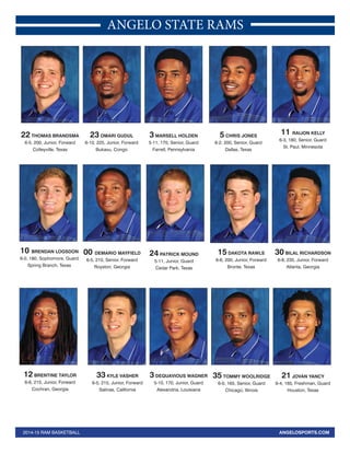 ANGELO STATE RAMS
2014-15 RAM BASKETBALL ANGELOSPORTS.COM
24 PATRICK MOUND
5-11, Junior, Guard
Cedar Park, Texas
3 MARSELL HOLDEN
5-11, 170, Senior, Guard
Farrell, Pennsylvania
11 RAIJON KELLY
6-3, 180, Senior, Guard
St. Paul, Minnesota
15 DAKOTA RAWLS
6-6, 200, Junior, Forward
Bronte, Texas
30 BILAL RICHARDSON
6-8, 235, Junior, Forward
Atlanta, Georgia
22 THOMAS BRANDSMA
6-5, 200, Junior, Forward
Colleyville, Texas
23 OMARI GUDUL
6-10, 225, Junior, Forward
Bukavu, Congo
3 DEQUAVIOUS WAGNER
5-10, 170, Junior, Guard
Alexandria, Louisiana
12 BRENTINE TAYLOR
6-6, 215, Junior, Forward
Cochran, Georgia
35 TOMMY WOOLRIDGE
6-0, 165, Senior, Guard
Chicago, Illinois
00 DEMARIO MAYFIELD
6-5, 210, Senior, Forward
Royston, Georgia
5 CHRIS JONES
6-2, 200, Senior, Guard
Dallas, Texas
33 KYLE VASHER
6-5, 215, Junior, Forward
Salinas, California
21 JOVAN YANCY
6-4, 165, Freshman, Guard
Houston, Texas
10 BRENDAN LOGSDON
6-0, 180, Sophomore, Guard
Spring Branch, Texas
 