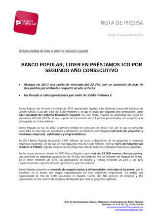 NOTA DE PRENSA
Madrid, 20 de diciembre de 2013

Primera entidad de todo el sistema financiero español

BANCO POPULAR, LIDER EN PRÉSTAMOS ICO POR
SEGUNDO AÑO CONSECUTIVO


Alcanza en 2013 una cuota de mercado del 22,2%, con un aumento de más de
dos puntos porcentuales respecto al año anterior



Ha llevado a cabo operaciones por valor de 3.085 millones €

Banco Popular ha firmado a lo largo de 2013 operaciones ligadas a las distintas Líneas del Instituto de
Crédito Oficial (ICO) por valor de 3.085 millones €, lo que le sitúa, por segundo año consecutivo, como
líder absoluto del sistema financiero español. De este modo, Popular ha alcanzado una cuota en
préstamos ICO del 22,2%, lo que supone un incremento de 2,3 puntos porcentuales con respecto a la
conseguida en el año anterior.
Banco Popular ya fue en 2012 la primera entidad en concesión de líneas ICO, por lo que se consolida
como líder en este tipo de préstamos y demuestra su fortaleza como banco referente de pequeñas y
medianas empresas, autónomos y emprendedores.
En 2013 Banco Popular ha puesto 6.900 millones de euros a disposición de las pequeñas y medianas
empresas españolas, de los que se han dispuesto más de 5.500 millones. Con un 42% del total de sus
créditos a PYMES, Popular alcanza el porcentaje más alto de todas las entidades financieras españolas.
En los nueve primeros meses de 2013 Banco Popular captó más de 83.000 nuevos clientes pymes.
Los colectivos de empresas alcanzan los de 41.632, creciendo un 9% en volumen de negocio en el año.
En el tercer trimestre de 2013, las operaciones de leasing y renting crecieron un 22% y un 42%
respectivamente respecto al mismo periodo del ejercicio anterior.
Banco Popular presenta un modelo de negocio único y diferenciador centrado en la pyme, que le
convierte en el banco con mayor especialización en este segmento empresarial. Su amplia red
especializada de más de 2.000 sucursales en España, cuenta con 700 gestores de empresa y 150
especialistas en los centros de empresa distribuidos por toda la geografía española.

Área de Comunicación, Marca y Relaciones Corporativas de Banco Popular
Teléfono: 91 520 76 27 | 91 657 66 60
prensabancopopular@bancopopular.es
www.grupobancopopular.com

 