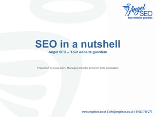 SEO in a nutshell Angel SEO – Your website guardian Presented by Dave Cain, Managing Director & Senior SEO Consultant www.angelseo.co.uk | info@angelseo.co.uk | 01623 799 277 