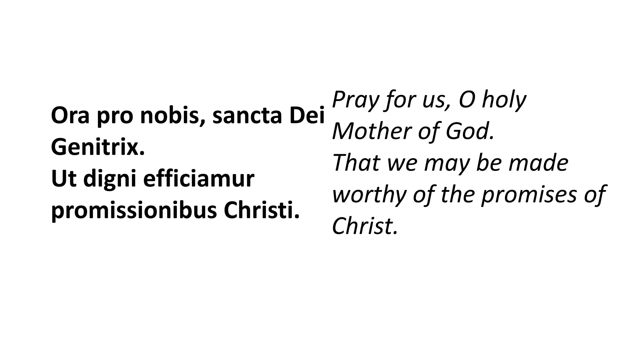 Ora pro nobis, sancta Dei
Genitrix.
Ut digni efficiamur
promissionibus Christi.
Pray for us, O holy
Mother of God.
That we may be made
worthy of the promises of
Christ.