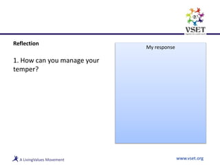 Reflection
1. How can you manage your
temper?
www.vset.org
My response
 