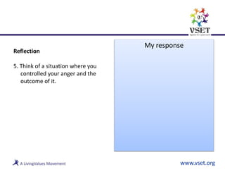 Reflection
5. Think of a situation where you
controlled your anger and the
outcome of it.
www.vset.org
My response
 