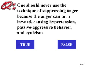 2-2-42
One should never use the
technique of suppressing anger
because the anger can turn
inward, causing hypertension,
passive-aggressive behavior,
and cynicism.
TRUE FALSE
 