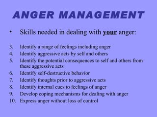 ANGER MANAGEMENT
•    Skills needed in dealing with your anger:

3.  Identify a range of feelings including anger
4.  Identify aggressive acts by self and others
5.  Identify the potential consequences to self and others from
    these aggressive acts
6. Identify self-destructive behavior
7. Identify thoughts prior to aggressive acts
8. Identify internal cues to feelings of anger
9. Develop coping mechanisms for dealing with anger
10. Express anger without loss of control
 
