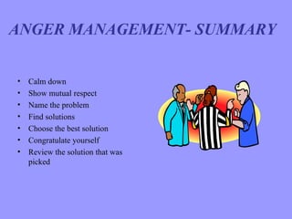 ANGER MANAGEMENT- SUMMARY


•   Calm down
•   Show mutual respect
•   Name the problem
•   Find solutions
•   Choose the best solution
•   Congratulate yourself
•   Review the solution that was
    picked
 