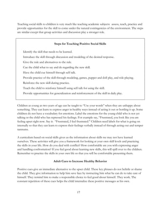 17
Teaching social skills to children is very much like teaching academic subjects: assess, teach, practice and
provide opportunities for the skill to come under the natural contingencies of the environment. The steps
are similar except that group activities and discussion play a stronger role.
Steps for Teaching Positive Social Skills
Identify the skill that needs to be learned.
Introduce the skill through discussion and modeling of the desired response.
Give the rule and alternatives to the rule.
Cue the child what to say and do regarding the new skill.
Have the child cue himself through self talk.
Provide practice of the skill through modeling, games, puppet and doll play, and role playing.
Reinforce the new skill during practice.
Teach the child to reinforce himself using self talk for using the skill.
Provide opportunities for generalization and reinforcement of the skill in daily play.
Children as young as two years of age can be taught to “Use your words” when they are unhappy about
something. They can learn to express anger in healthy ways instead of acting it out or bottling it up. Some
children do not have a vocabulary for emotions. Label the emotions for the young child who is not yet
talking or the child who has repressed his feelings. For example say, “Frustrated, you look like you are
feeling upset right now. Say it: “Frustrated, I feel frustrated.” Children need labels for what is going on
internally so that they can learn to express their feelings verbally instead of through acting out and temper
tantrums.
A curriculum based on social skills gives us the information about skills we may not have learned
ourselves. These activities will give you a framework for looking at your own skill levels and practicing
the skills in your life. How do you deal with conflict? How comfortable are you with expressing anger
and handling confrontation? If you feel good about learning new skills, this will spill over to the children.
Remember to practice the skills in your own life so that you will be comfortable presenting them.
Adult Cues to Increase Healthy Behavior
Positive cues give an immediate alternative to the upset child. These key phrases do not belittle or shame
the child. They give information to help him save face by instructing him what he can do to take care of
himself. They remind him to make a responsible choice to feel good about himself. They work. The
constant repetition of these cues helps the child internalize these positive messages as his own.
 