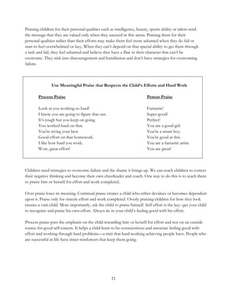 21
Praising children for their personal qualities such as intelligence, beauty, sports ability or talent send
the message that they are valued only when they succeed in this arena. Praising them for their
personal qualities rather than their efforts may make them feel more ashamed when they do fail or
start to feel overwhelmed or lazy. When they can’t depend on that special ability to get them through
a task and fail, they feel ashamed and believe they have a flaw in their character that can’t be
overcome. They sink into discouragement and humiliation and don’t have strategies for overcoming
failure.
Use Meaningful Praise that Respects the Child’s Efforts and Hard Work
Process Praise Person Praise
Look at you working so hard! Fantastic!
I know you are going to figure that out. Super good!
It’s tough but you keep on going. Perfect!
You worked hard on that. You are a good girl.
You're trying your best You’re a smart boy.
Good effort on that homework. You’re good at this.
I like how hard you work. You are a fantastic artist.
Wow, great effort! You are great!
Children need strategies to overcome failure and the shame it brings up. We can teach children to correct
their negative thinking and become their own cheerleader and coach. One way to do this is to teach them
to praise him or herself for effort and work completed.
Over praise loses its meaning. Continual praise creates a child who either devalues or becomes dependent
upon it. Praise only for sincere effort and work completed. Overly praising children for how they look
creates a vain child. More importantly, ask the child to praise himself. Self effort is the key--get your child
to recognize and praise his own effort. Always tie in your child’s feeling good with his effort.
Process praise puts the emphasis on the child rewarding him or herself for effort and not on an outside
source for good self-esteem. It helps a child learn to be conscientious and associate feeling good with
effort and working through hard problems—a trait that hard working achieving people have. People who
are successful in life have inner reinforcers that keep them going.
 