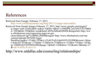 References
Retrieved from Google, February 17, 2013,
http://www.conflictdynamics.org/blog/2011/11/anger-and-conflict/
Retrieved from Google Images February 17, 2013, http://www.google.com/imgres?
q=anger+and+conflict&hl=en&sa=X&tbo=d&rlz=1T4SKPB_enUS367US370&bi
w=1024&bih=528&tbm=isch&tbnid=dNNcOdSoB2D6IM:&imgrefurl=http://ww
w.ellenhartson.com/expressing-anger-to-get-
closer/&docid=igFTy2BPhLc8MM&imgurl=http://www.ellenhartson.com/wp-
content/uploads/2010/08/Anger-
Handling.jpg&w=311&h=292&ei=zYshUYqXA4ja9ASYsYGIDQ&zoom=1&iac
t=hc&vpx=633&vpy=175&dur=172&hovh=218&hovw=232&tx=141&ty=181&s
ig=108683425782594916982&page=1&tbnh=143&tbnw=152&start=0&ndsp=17
&ved=1t:429,r:9,s:0,i:111
http://www.utdallas.edu/counseling/relationships/
 