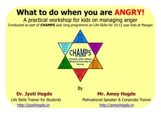 What to do when you are ANGRY!
A practical workshop for kids on managing anger
Conducted as part of CHAMPS year long programme on Life Skills for 10-12 year kids at Margao
Happy
Honest
Humble
Courageous
Confident
Creative
Clear
Calm
Humble
Healthy
Harmonious
Mature
Mindful
Mannered
Motivated
Methodical
Accountable
Adaptable
Analytical
Assertive
Active
Problem Solver
Persevering
Positive
Planner
Strong
Sincere
Sociable
Self-aware
Self-disciplined
Character, Habits, Attitude,Character, Habits, Attitude,
Mindset & Personality forMindset & Personality for
SuccessSuccess
By
Dr. Jyoti Hegde Mr. Amey Hegde
Life Skills Trainer for Students Motivational Speaker & Corporate Trainer
http://jyotihegde.in http://ameyhegde.in
Planner
Patient
 
