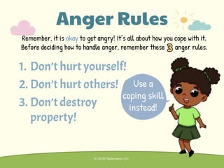 Anger Rules
Remember, it is okay to get angry! It’s all about how you cope with it.
Before deciding how to handle anger, remember these anger rules.
1. Don’t hurt yourself!
2. Don’t hurt others!
3. Don’t destroy
property!
Use a
coping skill
instead!
 