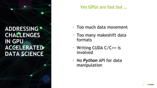 13
ADDRESSING
CHALLENGES
IN GPU
ACCELERATED
DATA SCIENCE
• Too much data movement
• Too many makeshift data
formats
• Writing CUDA C/C++ is
involved
• No Python API for data
manipulation
Yes GPUs are fast but …
 
