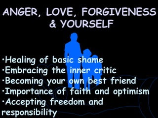 ANGER, LOVE, FORGIVENESS
& YOURSELF
•Healing of basic shame
•Embracing the inner critic
•Becoming your own best friend
•Im...