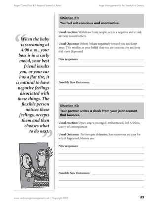 Anger Control Tool #3: Respond Instead of React                              Anger Management for the Twenty-First Century




                                             Situation #1:
                                             You feel self-conscious and unattractive.


                                            Usual reaction: Withdraw from people, act in a negative and avoid-
                                            ant way toward others
     When the baby
     is screaming at                        Usual Outcome: Others behave negatively toward you and keep
                                            away. This reinforces your belief that you are unattractive and you
     4:00 a.m., your                        feel more depressed
    boss is in a surly
                                            New responses:
    mood, your best
        friend insults
    you, or your car
    has a flat tire, it
  is natural to have                        Possible New Outcomes:
   negative feelings
     associated with
   these things. The
      flexible person                        Situation #2:
         notices these                       Your partner writes a check from your joint account
    feelings, accepts                        that bounces.

      them and then                         Usual reaction: Upset, angry, outraged, embarrassed, feel helpless,
        chooses what                        scared of consequences
           to do next.
                                            Usual Outcome: Partner gets defensive, has numerous excuses for
                                            why it happened, blames you

                                            New responses:




                                            Possible New Outcomes:




www.centuryangermanagement.com / Copyright 2005                                                                       33
 