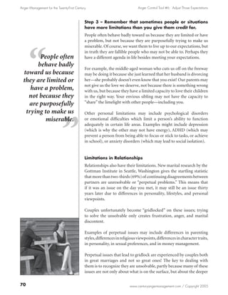 Anger Management for the Twenty-First Century                                Anger Control Tool #6: Adjust Those Expectations



                                            Step 3 – Remember that sometimes people or situations
                                            have more limitations than you give them credit for.
                                            People often behave badly toward us because they are limited or have
                                            a problem, but not because they are purposefully trying to make us
                                            miserable. Of course, we want them to live up to our expectations, but
                                            in truth they are fallible people who may not be able to. Perhaps they
        People often                        have a different agenda in life besides meeting your expectations.
       behave badly
                                            For example, the middle-aged woman who cuts us off on the freeway
  toward us because                         may be doing it because she just learned that her husband is divorcing
  they are limited or                       her—she probably doesn’t even know that you exist! Our parents may
                                            not give us the love we deserve, not because there is something wrong
     have a problem,                        with us, but because they have a limited capacity to love their children
    not because they                        in the right way. Your envious sibling may not have the capacity to
    are purposefully                        “share” the limelight with other people—including you.

   trying to make us                        Other personal limitations may include psychological disorders
           miserable.                       or emotional difficulties which limit a person’s ability to function
                                            adequately in certain life areas. Examples might include depression
                                            (which is why the other may not have energy), ADHD (which may
                                            prevent a person from being able to focus or stick to tasks, or achieve
                                            in school), or anxiety disorders (which may lead to social isolation).


                                            Limitations in Relationships
                                            Relationships also have their limitations. New marital research by the
                                            Gottman Institute in Seattle, Washington gives the startling statistic
                                            that more than two-thirds (69%) of continuing disagreements between
                                            partners are unresolvable or “perpetual problems.” This means that
                                            if it was an issue on the day you met, it may still be an issue thirty
                                            years later due to differences in personality, lifestyles, and personal
                                            viewpoints.

                                            Couples unfortunately become “gridlocked” on these issues; trying
                                            to solve the unsolvable only creates frustration, anger, and marital
                                            discontent.

                                            Examples of perpetual issues may include differences in parenting
                                            styles, differences in religious viewpoints, differences in character traits,
                                            in personality, in sexual preferences, and in money management.

                                            Perpetual issues that lead to gridlock are experienced by couples both
                                            in great marriages and not so great ones! The key to dealing with
                                            them is to recognize they are unsolvable, partly because many of these
                                            issues are not only about what is on the surface, but about the deeper

70                                                                      www.centuryangermanagement.com / Copyright 2005
 