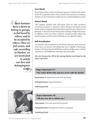 Anger Control Tool #6: Adjust Those Expectations                             Anger Management for the Twenty-First Century



                                            Love Needs
                                            Most humans have a desire to belong to groups, to feel loved by others,
                                            and to be accepted by others. Once we feel secure and safe, according to
                                            Maslow, we are motivated to satisfy our love and belongingness needs.

                                            Esteem Needs
         Most humans                        This category includes both self-esteem (how we value ourselves)
     have a desire to                       and being esteemed or valued by others. Persons with good mental
                                            health need to feel good about themselves and their lives. Much of our
    belong to groups,                       behavior is directed toward having these feelings of high self-esteem.
       to feel loved by                     In addition, most of us have a need for recognition from others, the
         others, and to                     need for praise, and the need to feel that we are valued by others.

        be accepted by
                                            Self-Actualization
     others. Once we
                                            The need for self-actualization is the desire to become more and more
      feel secure, and                      what one is, to become everything that one is capable of becoming.
       safe, according                      People at this level of need-fulfillment seek knowledge, peace, esthetic
                                            experiences, self-fulfillment, meaning, and spirituality.
        to Maslow, we
        are motivated                       Now, for the practice: Fill in the missing Maslow need based on the
              to satisfy                    angry expression.

          our love and
        belongingness
                 needs.                       Angry Expression #1:
                                              “You work all the time and are never with the family”

                                            Expectation: To spend more time with the family

                                            Feeling/Emotion: Anger, frustration

                                            Underlying Need:



                                               Angry Expression #2:
                                               “All you ever do is criticize me.”

                                            Expectation: To be seen positively by partner

                                            Feeling/Emotion: Disrespected, inferior, inadequate

                                            Underlying Need:


www.centuryangermanagement.com / Copyright 2005                                                                       73
 