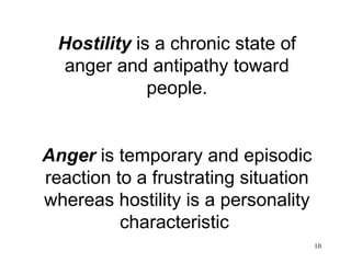 Hostility  is a chronic state of anger and antipathy toward people. Anger  is temporary and episodic reaction to a frustrating situation whereas hostility is a personality characteristic  