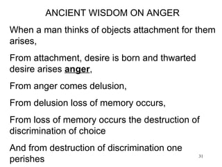 ANCIENT WISDOM ON ANGER  When a man thinks of objects attachment for them arises,  From attachment, desire is born and thwarted desire arises  anger , From anger comes delusion, From delusion loss of memory occurs, From loss of memory occurs the destruction of discrimination of choice And from destruction of discrimination one perishes 