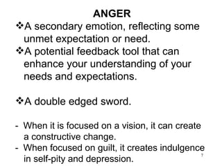 ANGER A secondary emotion, reflecting some unmet expectation or need. A potential feedback tool that can enhance your understanding of your needs and expectations. A double edged sword. -  When it is focused on a vision, it can create a constructive change. -  When focused on guilt, it creates indulgence in self-pity and depression.  
