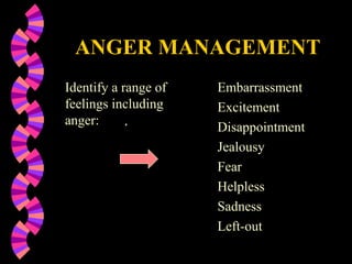 ANGER MANAGEMENT
Identify a range of   Embarrassment
feelings including    Excitement
anger:                Disappointment
                      Jealousy
                      Fear
                      Helpless
                      Sadness
                      Left-out
 