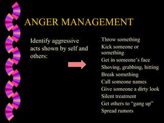 ANGER MANAGEMENT
Identify aggressive      Throw something
acts shown by self and   Kick someone or
                         something
others:
                         Get in someone’s face
                         Shoving, grabbing, hitting
                         Break something
                         Call someone names
                         Give someone a dirty look
                         Silent treatment
                         Get others to “gang up”
                         Spread rumors
 