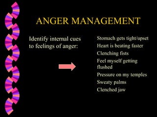 ANGER MANAGEMENT
Identify internal cues
to feelings of anger:
Stomach gets tight/upset
Heart is beating faster
Clenching fists
Feel myself getting
flushed
Pressure on my temples
Sweaty palms
Clenched jaw
 
