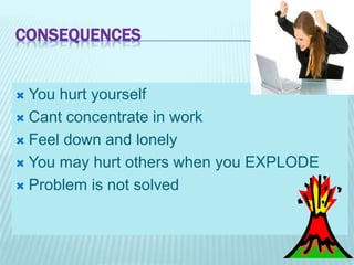 CONSEQUENCES
 You hurt yourself
 Cant concentrate in work
 Feel down and lonely
 You may hurt others when you EXPLODE
 Problem is not solved
 