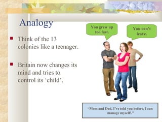 Analogy
 Think of the 13
colonies like a teenager.
 Britain now changes its
mind and tries to
control its ‘child’.
You grew up
too fast.
You can’t
leave.
“Mom and Dad, I’ve told you before, I can
manage myself!.”
 