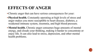 EFFECTS OF ANGER
Chronic anger that can have serious consequences for your:
Physical health. Constantly operating at high levels of stress and
anger makes you more susceptible to heart disease, diabetes, a
weakened immune system, insomnia, and high blood pressure.
Mental health. Chronic anger consumes huge amounts of mental
energy, and clouds your thinking, making it harder to concentrate or
enjoy life. It can also lead to stress, depression, and other mental
health problems.
10
 
