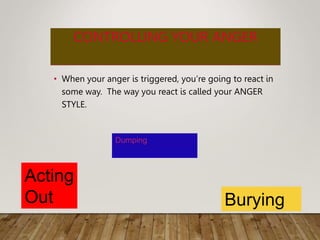 CONTROLLING YOUR ANGER
• When your anger is triggered, you’re going to react in
some way. The way you react is called your ANGER
STYLE.
Acting
Out
Dumping
Burying
 
