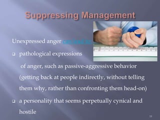 Unexpressed anger can lead to:
 pathological expressions
of anger, such as passive-aggressive behavior
(getting back at people indirectly, without telling
them why, rather than confronting them head-on)
 a personality that seems perpetually cynical and
hostile
18
 