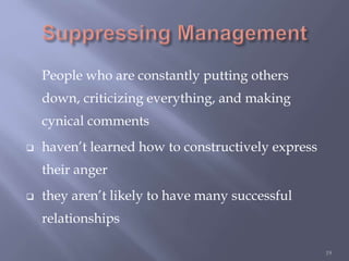 People who are constantly putting others
down, criticizing everything, and making
cynical comments
 haven’t learned how to constructively express
their anger
 they aren’t likely to have many successful
relationships
19
 