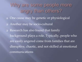  One cause may be genetic or physiological
 Another may be socio-cultural
 Research has also found that family
background plays a role. Typically, people who
are easily angered come from families that are
disruptive, chaotic, and not skilled at emotional
communications
29
 