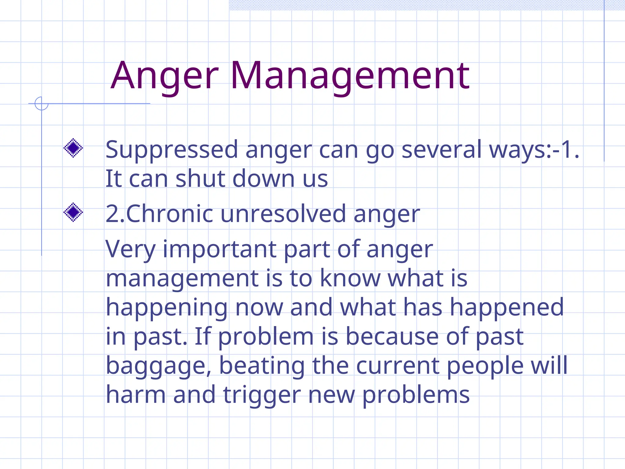 Anger Management
Suppressed anger can go several ways:-1.
It can shut down us
2.Chronic unresolved anger
Very important part of anger
management is to know what is
happening now and what has happened
in past. If problem is because of past
baggage, beating the current people will
harm and trigger new problems
 