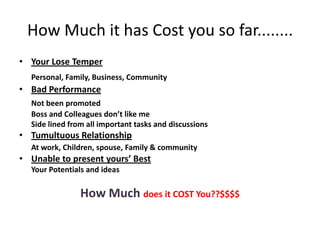 How Much it has Cost you so far........Your Lose TemperPersonal, Family, Business, CommunityBad PerformanceNot been promoted	Boss and Colleagues don’t like me 	Side lined from all important tasks and discussionsTumultuous RelationshipAt work, Children, spouse, Family & communityUnable to present yours’ Best 	Your Potentials and ideas How Much does it COST You??$$$$