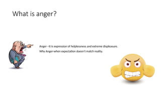 What is anger?
Anger –It is expression of helplessness and extreme displeasure.
Why Anger-when expectation doesn’t match reality.
 