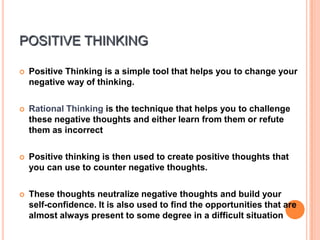RELAXATION TECHNIQUESProgressive Muscular RelaxationIt involves systematically tensing and then relaxing different groups of skeletal muscles,Sit quietly and comfortably with eyes closed, tense the muscle progressively in following order, inhale breath and hold it for 8sec and exhale and relax the muscle.Progressive Muscular Relaxation Contd…Right foot, Right lower leg and foot, Entire leg (follow the same sequence with left leg)