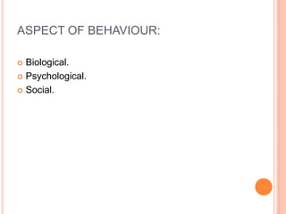 ASPECT OF BEHAVIOUR:Biological.Psychological.Social.